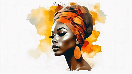 African woman in traditional attire, vivid watercolors on white.