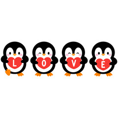 cute 4 penguin and heart sign with love word