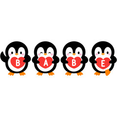 cute 4 penguin and heart sign with babe word