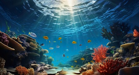 sea colourful reef and coral underwater, life under blue ocean water, colorful undersea, multicolored image