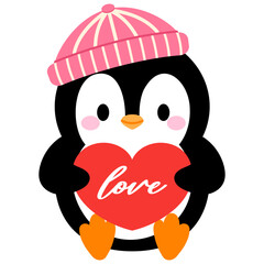 cute penguin and heart sign with love word