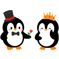 couple penguin giving a roses
