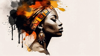 African woman in traditional attire, vivid watercolors on white.