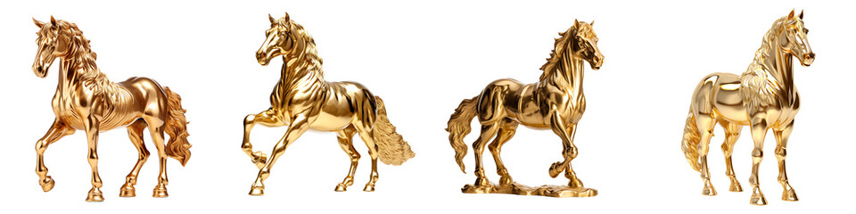 A set of Statue of a standing horse made of gold isolated on a transparent background PNG