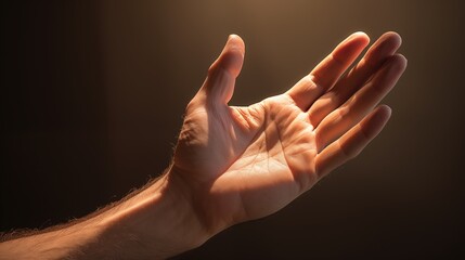 A man's hand reaching out to the light from above with detailed hairs and lines on palms
