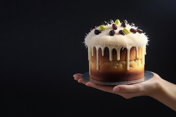 Easter cake on hand, plain black background with space for writing. Generative AI