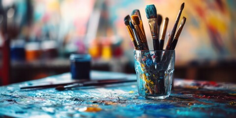 On the blurred art office table brimming with an array of vividly colored brushes takes center...