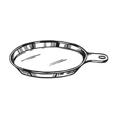 hand drawn vector illustration of pan, ink sketch of iron frying pan, black and white illustration of kitchen utensils, isolated on white background