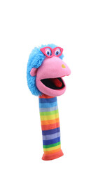 little funny sock puppet isolated on white background. hand theater soft toys collection. space for text. top view. high resolution close up. studio shot