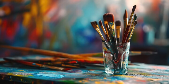On the blurred art office table brimming with an array of vividly colored brushes takes center stage. Against this creative backdrop, a mesmerizing fusion of colors and textures awakens the senses