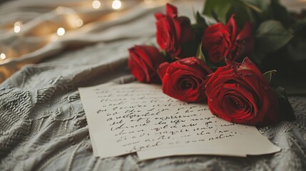 Fototapeta na wymiar A handwritten love letter and a bouquet of red roses on a bed. Sentimental and romantic, flat lay shot.
