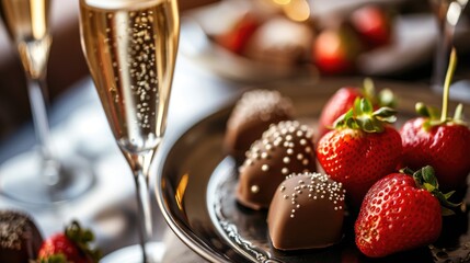 Close-up of a dessert tray with chocolate-covered strawberries and champagne - obrazy, fototapety, plakaty