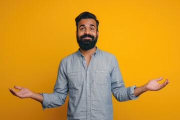 Confident rich-bearded Indian man standing isolated against an yellow wall smiling and gesturing with both arms open. - obrazy, fototapety, plakaty
