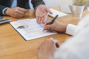 Asian tenant, client man sign signature contract rental purchase, buyer home or apartment with...