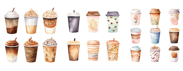 A cup of coffee tea watercolor style illustration of glass of hot with whipped cream, png transparent background crop image for usecollection set. - obrazy, fototapety, plakaty