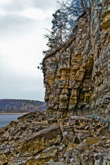 rocks on the bank of the Volga river in the Zhiguli mountains on an autumn day