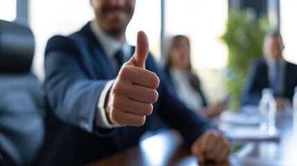 A confident executive giving a thumbs-up gesture in a boardroom. Professional approval, board meeting, close-up shot
