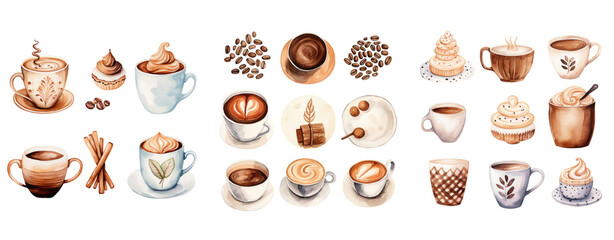A cup of coffee tea watercolor style illustration of glass of hot with whipped cream, png transparent background crop image for usecollection set.