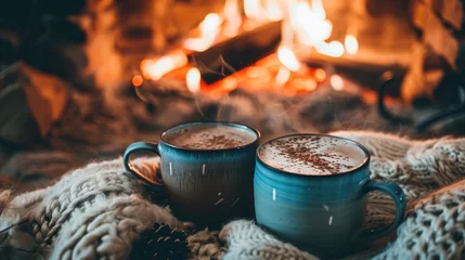 Fotobehang Two blue mugs of hot cocoa or coffee on a warm blanket, celebrating Valentine's Day with a special someone in a cozy cabin. © Jouni