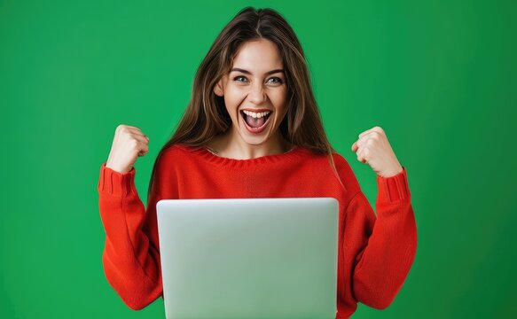 Young happy woman winner holding laptop isolated on green background. Excited euphoric female model using computer winning online celebrating new great job offer with yes gesture concept