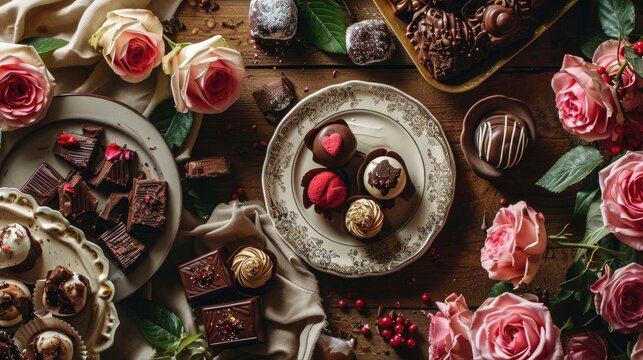 Roses and chocolate for Valentine's Day, top down view of a romantic array of fragrant sweets and flowers.