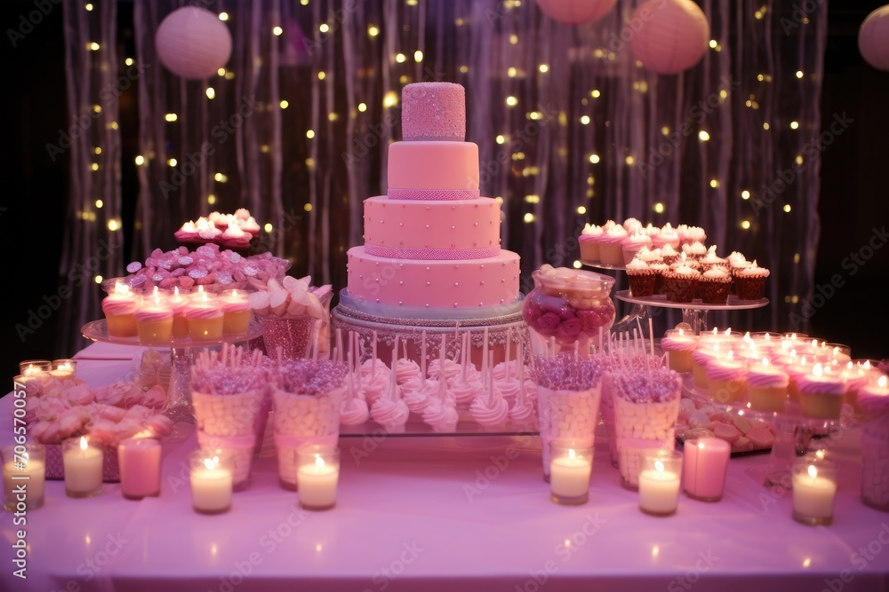 Poster a table adorned with a cake and an abundance of cupcakes, creating a delightful arrangement for a ce