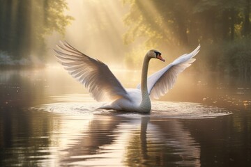 A swan gracefully flaps its wings as it swims in a tranquil lake, A swan gliding gracefully across a serene lake, AI Generated