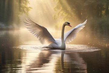 Selbstklebende Fototapeten A swan gracefully flaps its wings as it swims in a tranquil lake, A swan gliding gracefully across a serene lake, AI Generated © Iftikhar alam