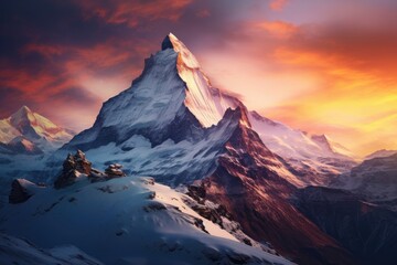 A majestic snow covered mountain surrounded by a cloudy sky, A surreal snow-capped mountain range during sunset, AI Generated