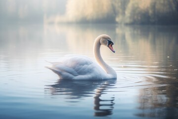 Naklejka premium A beautiful white swan glides effortlessly on top of a serene body of water, A swan gliding gracefully across a serene lake, AI Generated