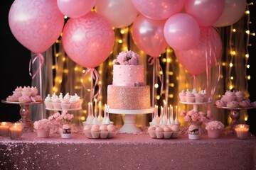 A festive table adorned with a cake and an abundance of pink balloons, ready for a joyous celebration, A sweet 16 birthday party with sparkles and pink decorations, AI Generated