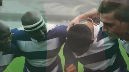 Animation of flag of nigeria over diverse male rugby players teaming up at stadium - Powered by Adobe