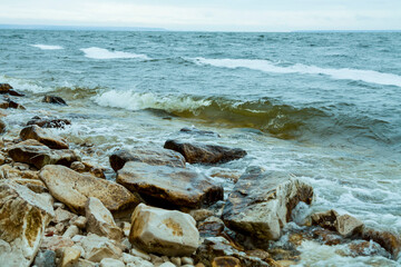 Rocky bank of the Volga near the Zhiguli Mountains on an autumn day