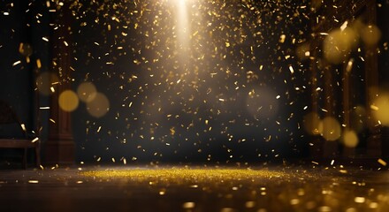 Empty stage with golden confetti falling on the floor and spotlights in dark room, abstract golden...