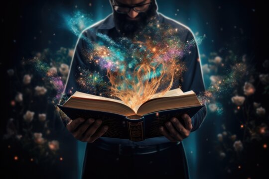 A man confidently holds a book, with a soft glow of light radiating from its pages, A teacher holding an open book with magical elements coming out, AI Generated