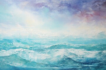 A breathtaking painting capturing the beauty of a vast body of water as the sun sets, A textured...