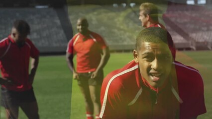 Animation of flag of belgium over diverse male rugby players resting at stadium - Powered by Adobe