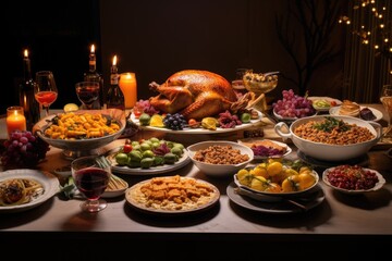 An inviting table featuring an array of delicious food and elegant candles illuminating the setting, A Thanksgiving feast with all the traditional dishes, AI Generated