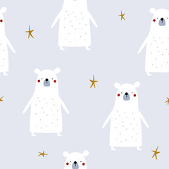 Funny winter seamless pattern with polar bear and stars. Kids print. Vector hand drawn illustration.