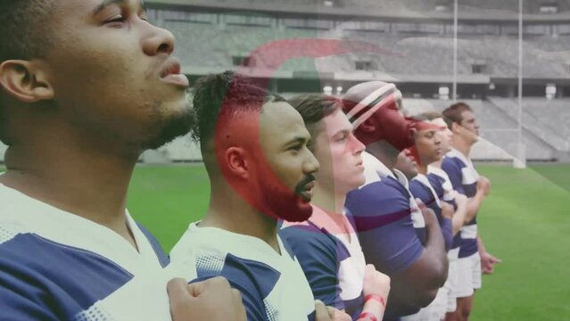 Animation of flag of algeria over diverse male rugby players singing anthem at stadium