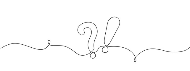 Continuous line drawing question mark and exclamation mark. Hand drawn asking and admiration signs. Vector illustration - obrazy, fototapety, plakaty