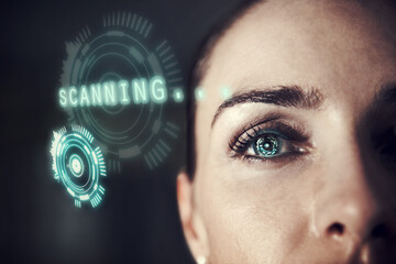 Woman, biometric eye scanning and overlay for identity, hologram and facial recognition for data...