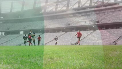 Animation of flag of nigeria over diverse male rugby players playing at stadium - Powered by Adobe