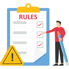 Businessman finished writing regulations and regulatory documents. Rules and regulations, policies and guidelines for employees to follow, legal requirements, company compliance or legislation

