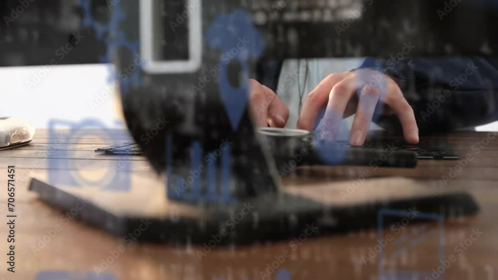 Poster animation of media icons and binary coding over caucasian businessman using computer