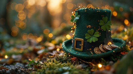 Happy St. Paddy's Day.  St. Patrick's day banner with green irish elf hat, gold coins, glitter and shamrock clover leaves. - obrazy, fototapety, plakaty