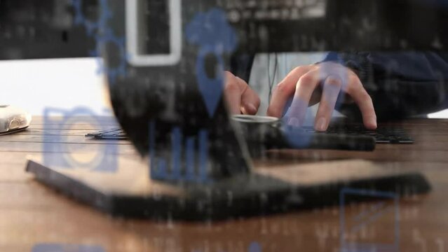 Animation of media icons and binary coding over caucasian businessman using computer