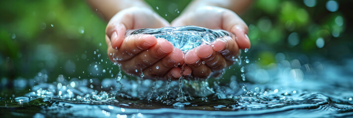 Hands holding clean water, World water day banner - obrazy, fototapety, plakaty