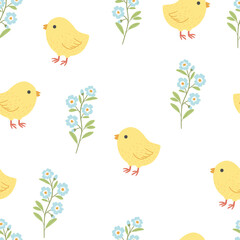 Seamless pattern with spring flowers and chickens