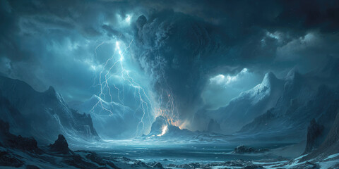 dreamscape, massive volcanic eruption with lightning striking a column of smoke